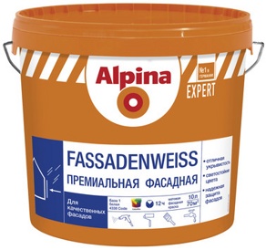 Alpina EXPERT FASSADENWEISS атмосферостойкая высокоукрывистая фасадная краска, 10л - фото