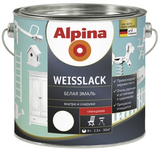Alpina Weisslack Белая глянцевая эмаль для дерева и металла, 2,5л